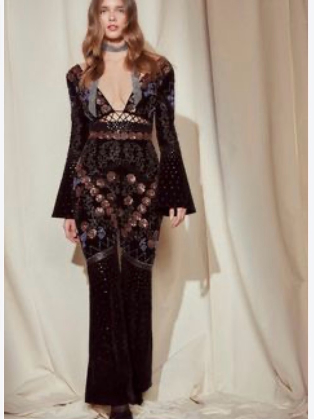 NASTY GAL BLACK, ROSE GOLD & BLUE SEQUIN JUMPSUIT. SIZE 4. BACK LACEUP & ZIPPER.
